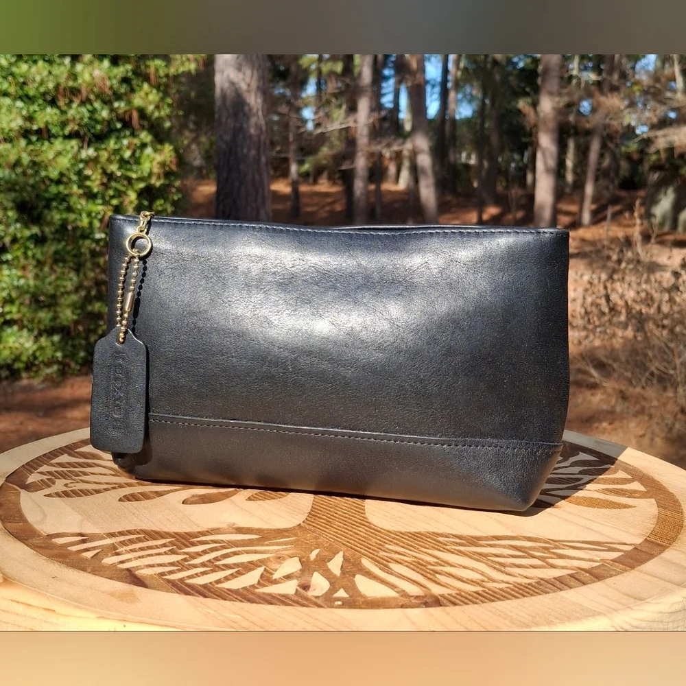 Vintage 90's Coach Black Glove Tanned Leather Large Cosmetic Bag #7172